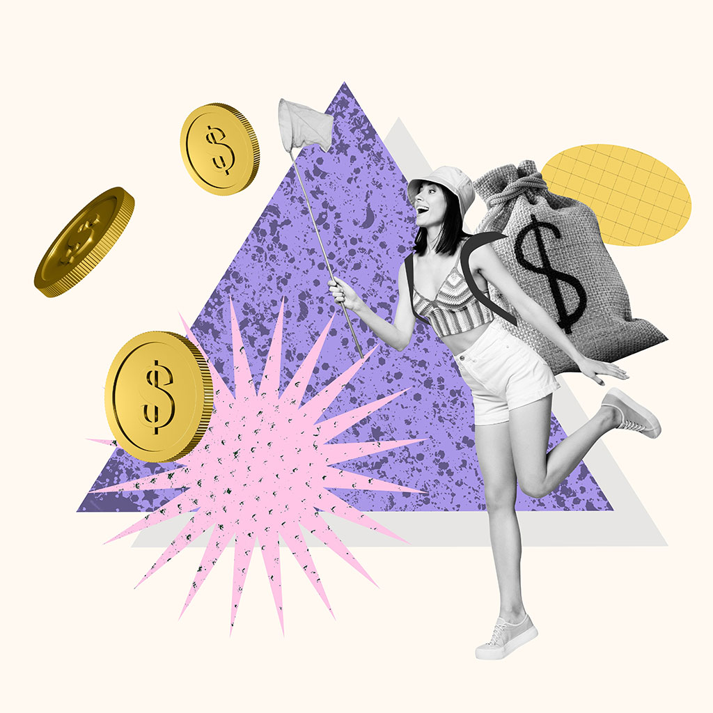 lady with net catching coins