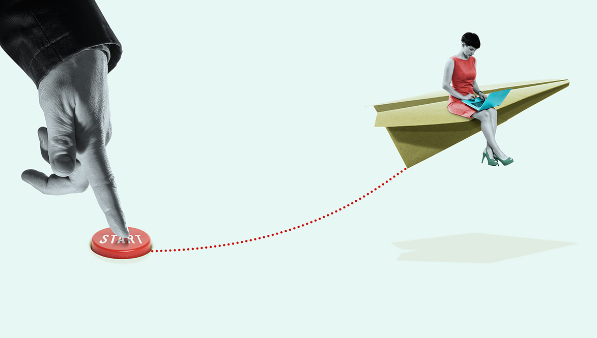 person on paper plane with start button