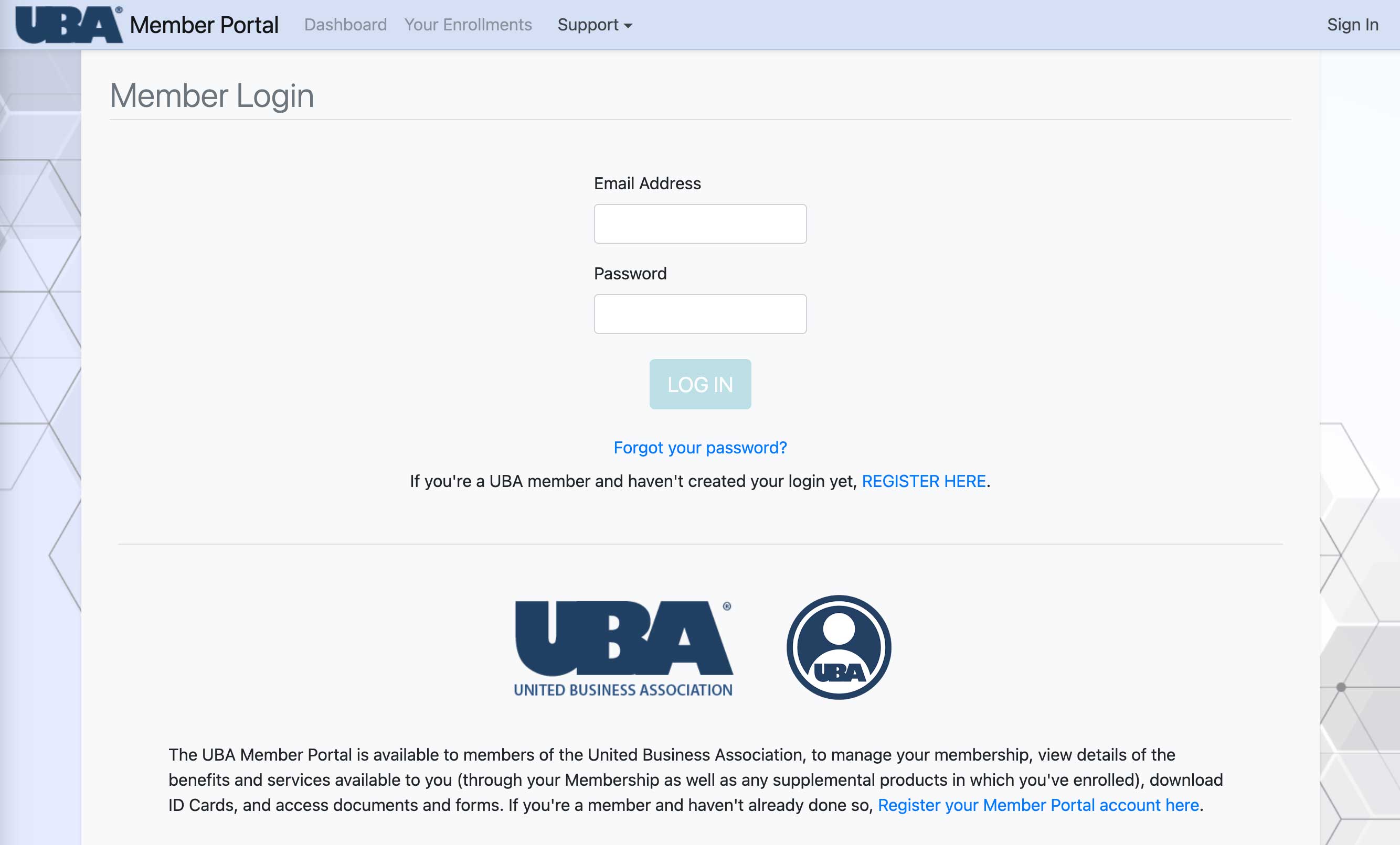 Screenshot of UBA Member Portal Login